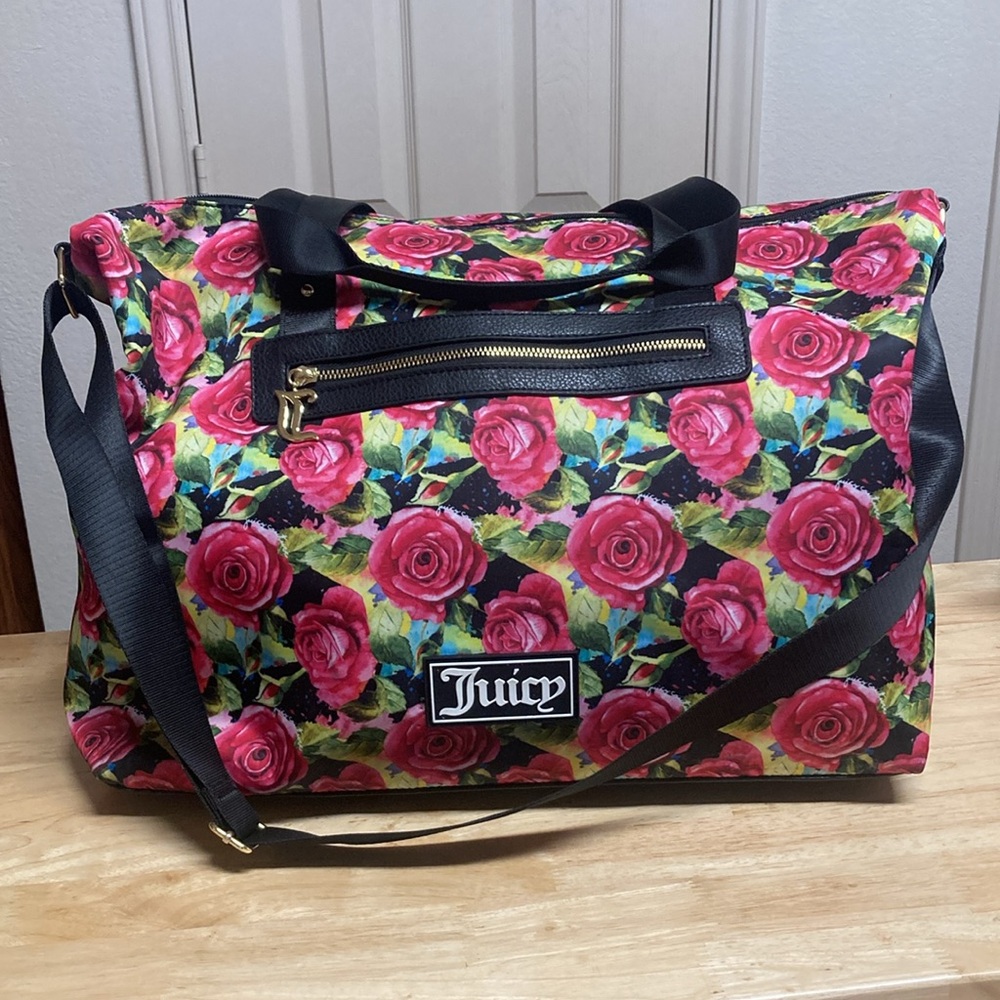 Juicy Couture Black Romantic Rose Weekender Overnight Gym Duffle Bag